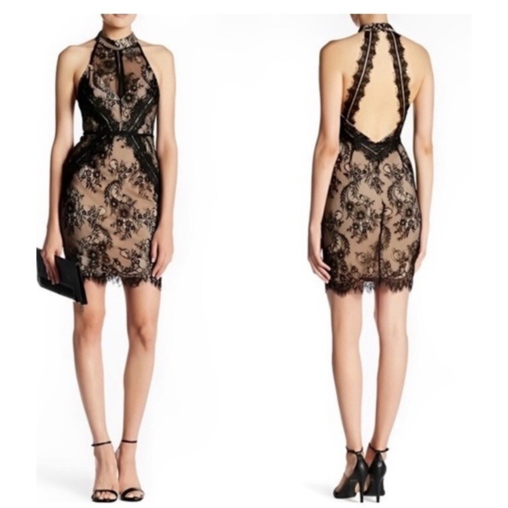 ASTR Womens L Black Lace Overlay High Neck Open Back Strappy Mini Dress New
